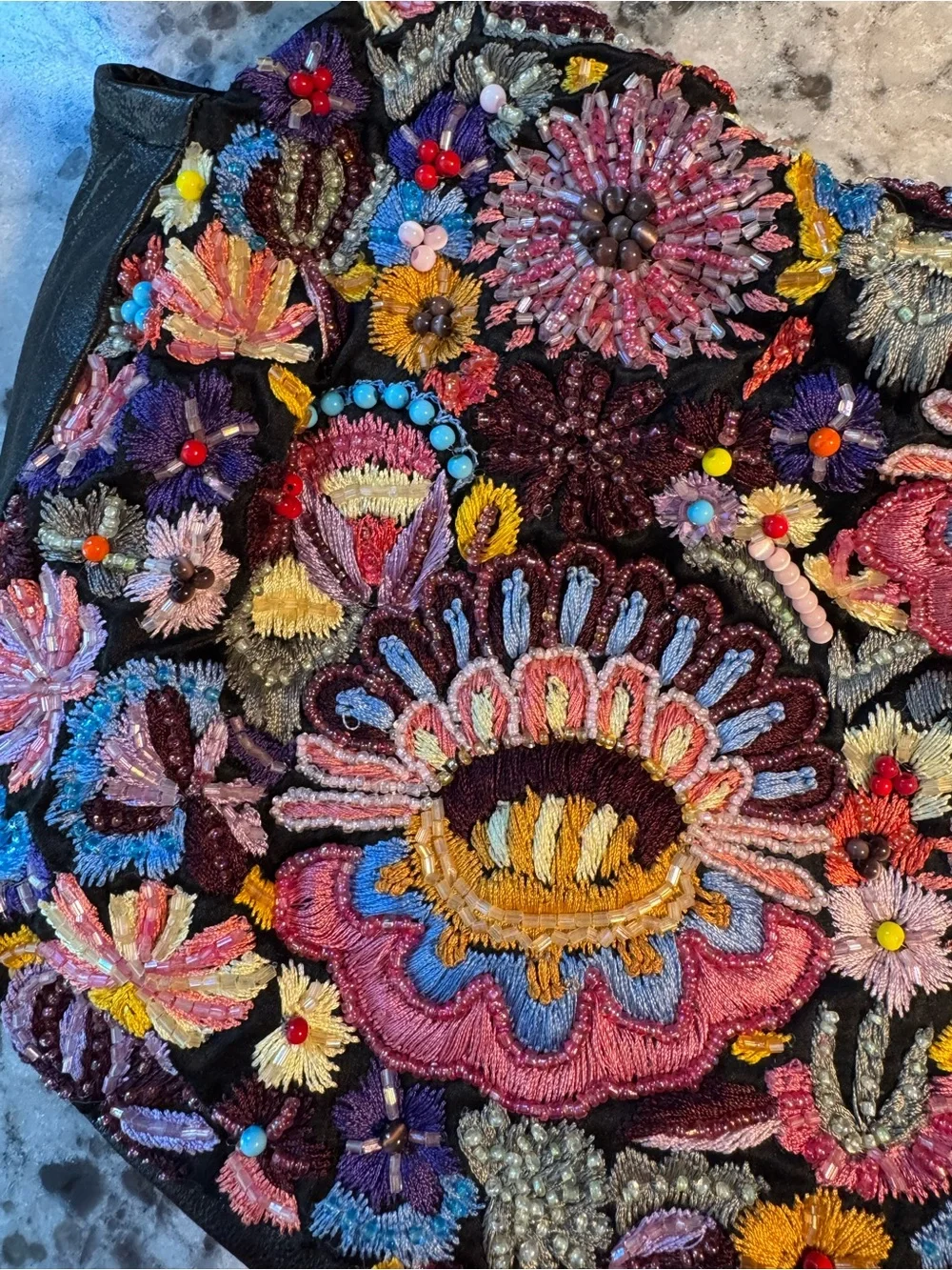 SANTI Black Embroidered Floral Hobo Bag with Multicolor Beading